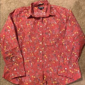 Lands End L/S Blouse Button Up Shirtt Women’s 14 No Iron Supina Coral Floral